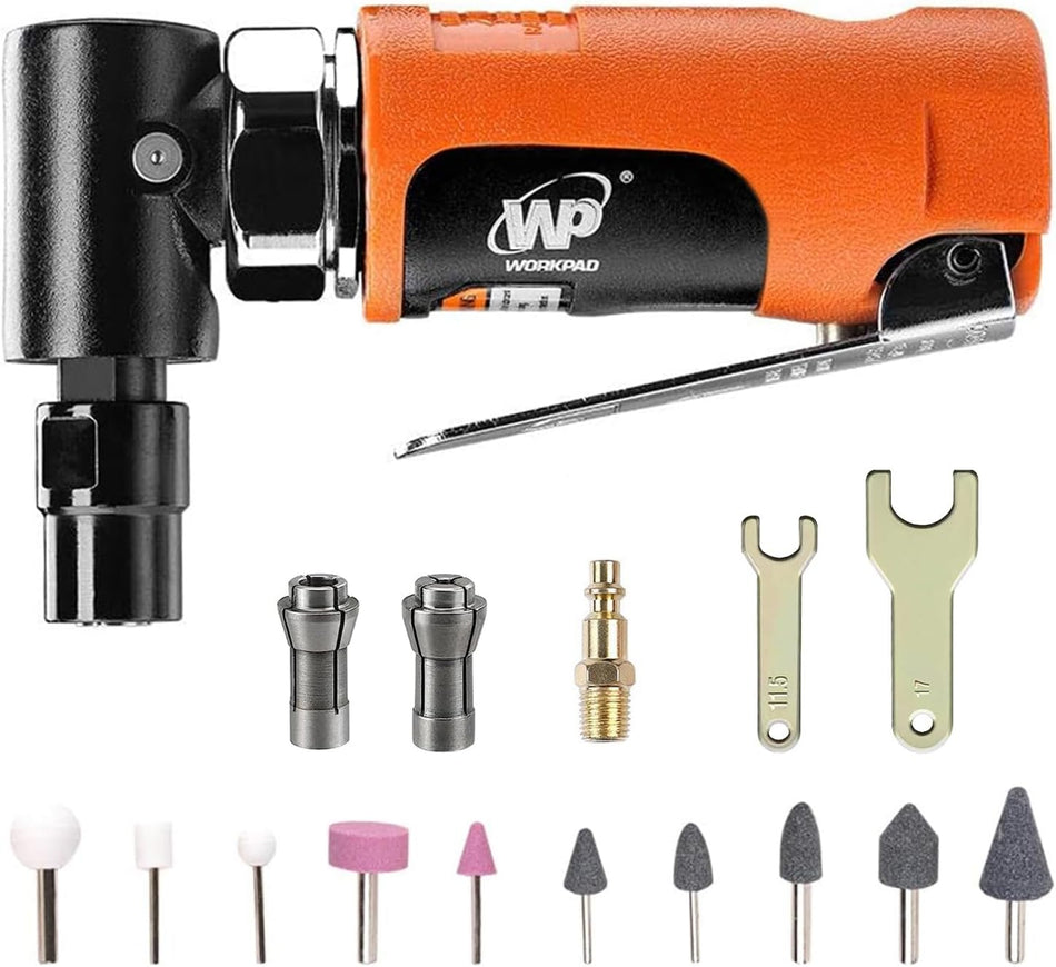 WORKPAD Mini Air Angle Die Grinder with 10-Pieces Air Die Grinder Stone Set，20000 RPM, Mini Pneumatic Tools, Equipped with 1/4-inch, 1/8-inch collets and 2 wrenches