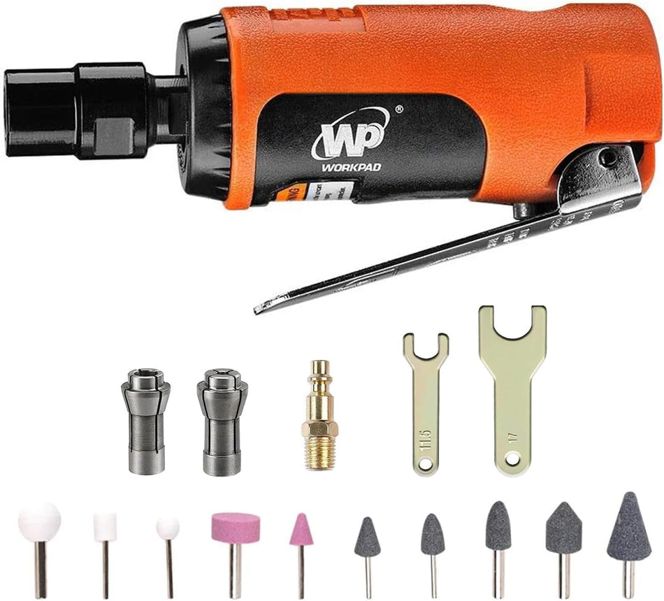 WORKPAD Mini Air Straight Die Grinder with 10-Pieces Air Die Grinder Stone Set，25000 RPM, Mini Pneumatic Tools, Equipped with 1/4-inch, 1/8-inch collets and 2 wrenches