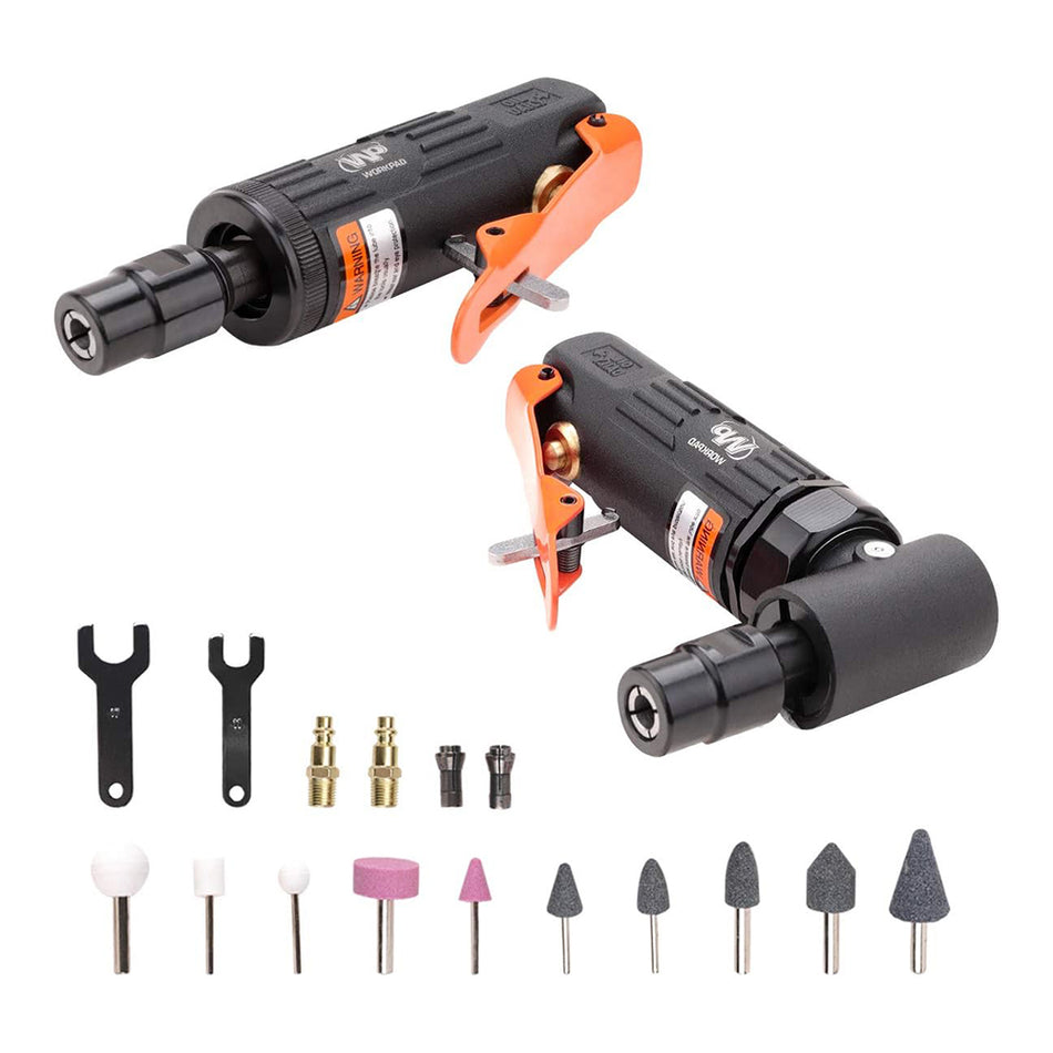 WORKPAD 12PCS Air Die Grinder Set, Straight/Angled Air Die Grinder Kit with 1/4 and 1/8 inch Collets, 10-Pieces Air Die Grinder Stone Set, Pneumatic Tools